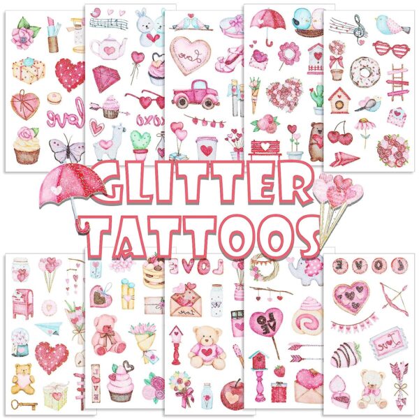 S.A.V.I 10PCS. Valentine's Day Glitter Temporary Tattoo Stickers | Lovely Pink Heart, Cupid's Arrow, Dessert & Flowers | Love Fake Tattoos for Kids | Size 12x6.8CM