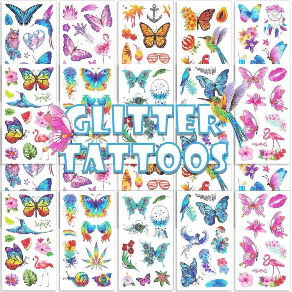 S.A.V.I 10PCS. Butterfly Glitter Temporary Tattoos | Kids Girls | Tattoo Sticker | Face Body Decoration | Party Favors | Size 12x6.8CM