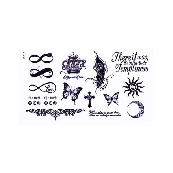 S.A.V.I 3D Temporary Tattoo Sticker Beautiful Black Butterfly Crown Cross Infinity Sun Moon Text Feather Small Mix Popular Design Size 10.5x6CM