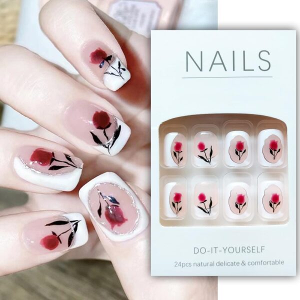 S.A.V.I Floral French Manicure Rose Fake Nails - 24 Shiny DIY Nail Set