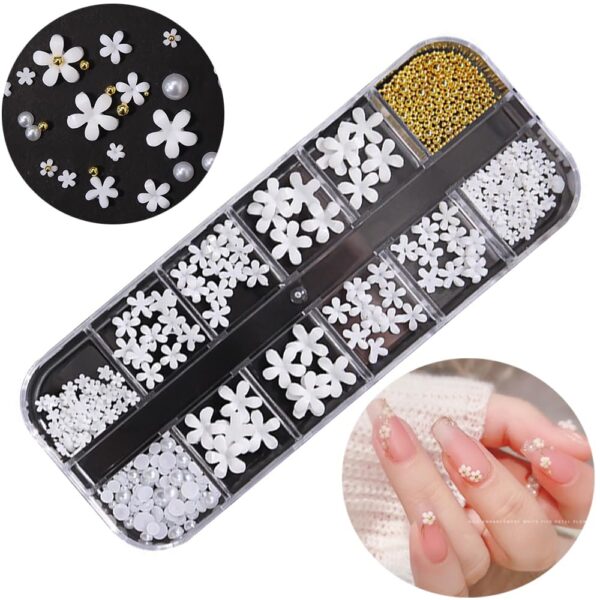 S.A.V.I 12 Grids DIY Nail Art Box - 3D White Flower, Gold Metal Beads, Pearls