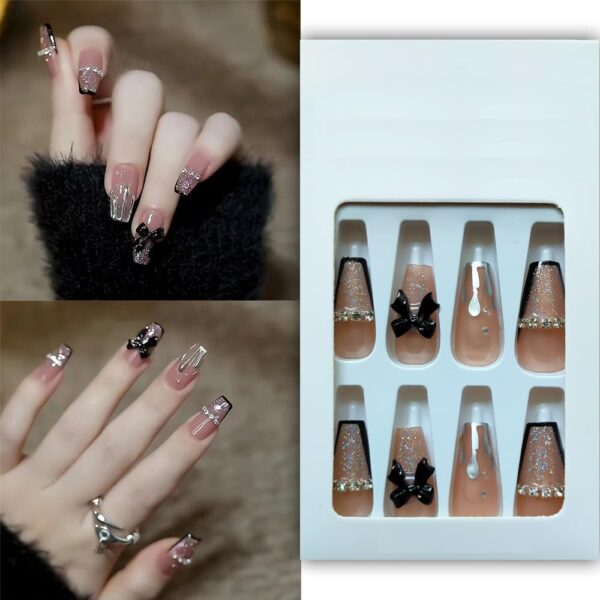 S.A.V.I 24PCS Bowknot Black Glitter False Nails - DIY Manicure