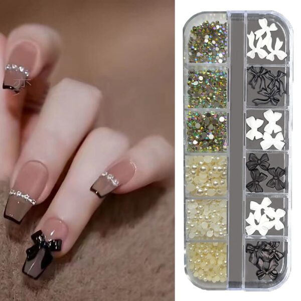 S.A.V.I 12-Grid 3D Black & White Bowknot AB Flatback Rhinestones & Pearls DIY Nail Palette