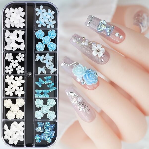 S.A.V.I 12-Grid 3D Resin Nail Art Box - White Blue Butterfly Flower Manicure DIY