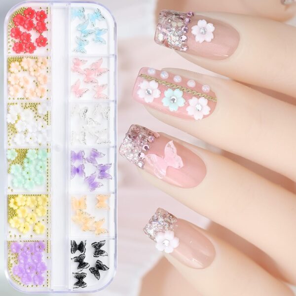 S.A.V.I 3D Nail Art Kit - 12 Grids Butterfly & Flowers Metal Balls - DIY Manicure