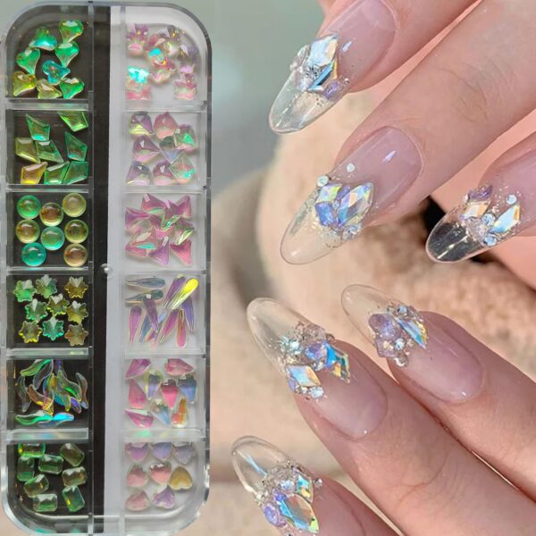 S.A.V.I 3D Aurora Nail Art Rhinestones - 12 Grids, DIY Manicure Shapes & Gems