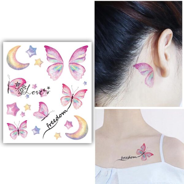 S.A.V.I Glitter Temporary Tattoo - Butterfly, Stars & Moon with Love Text - Waterproof for Women & Girls