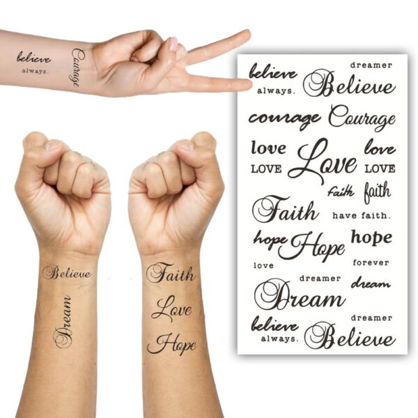 S.A.V.I Believe Love Faith Hope Dream Text Waterproof Temporary Tattoo Sticker 21x10cm for Men & Women