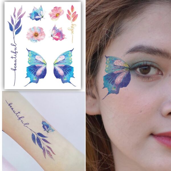 S.A.V.I Glitter Tattoo Sticker for Women - Waterproof Butterflies, Flowers & Hope Text | Eye Face Body Makeup Decor