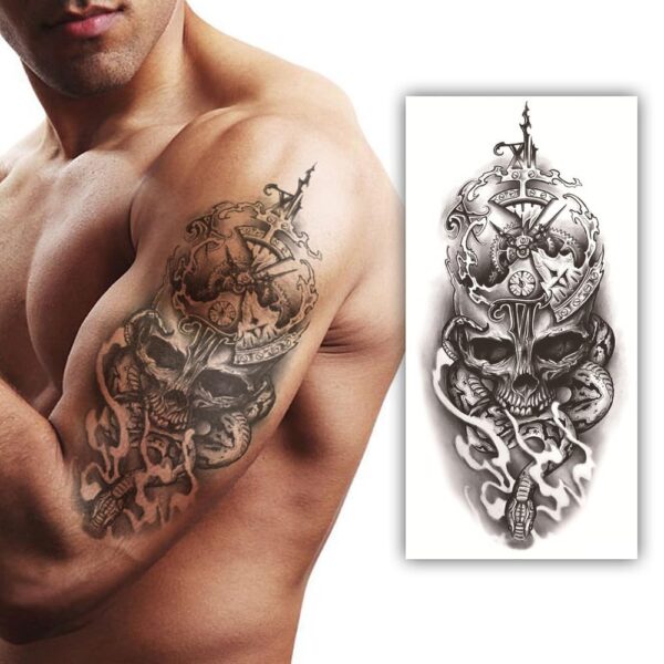 S.A.V.I Waterproof Temporary Tattoo Skull, Antique Clock & Snake - 21x10cm for Men & Women