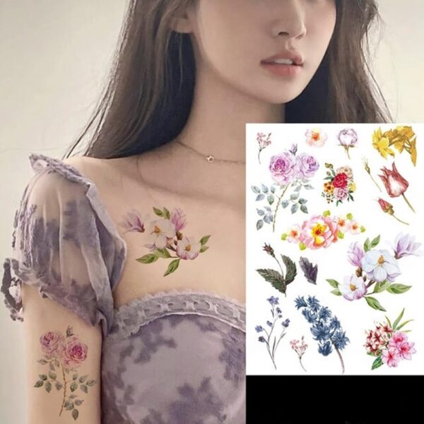 S.A.V.I Temporary Tattoo - 21x15cm Colorful Flower Designs - For Men & Women
