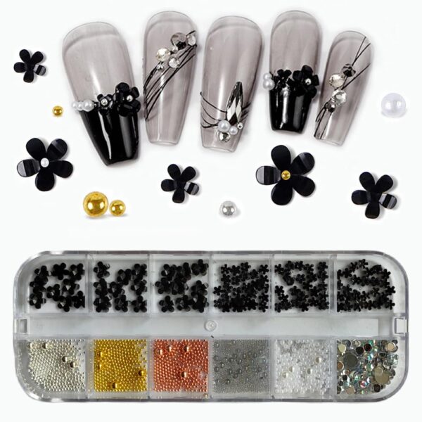 S.A.V.I 3D Five-Petal Flower Metal Beads - Rhinestones & Pearls for DIY Nail Art Manicure
