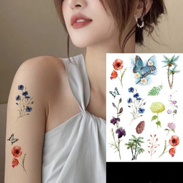 S.A.V.I Mix Temporary Tattoo - Colorful Butterfly, Flowers & Palm Trees for Men & Women - 21x15cm