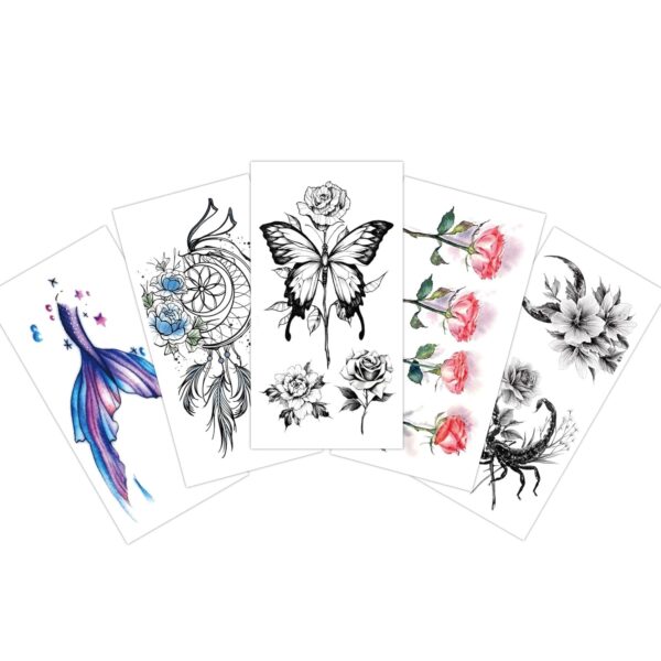 S.A.V.I 5pcs Tattoo Stickers Combo - Butterfly, Roses, Dreamcatcher, Scorpio Designs - For Men & Women, 10.5x6cm