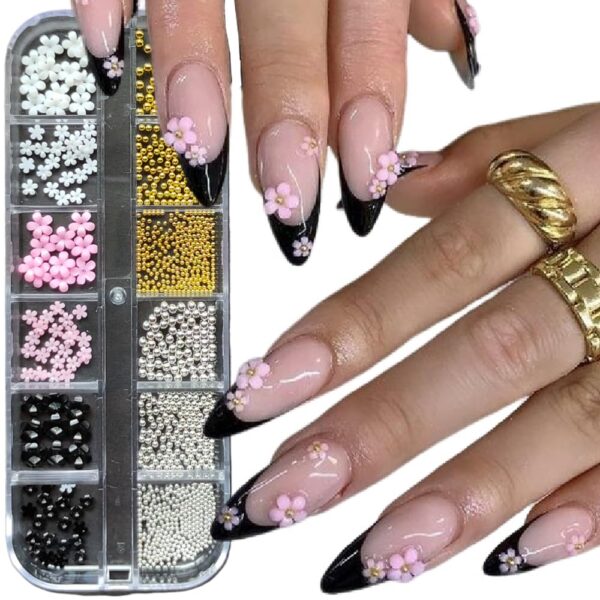 S.A.V.I 12-Grid 3D Five-Petal Flower Nail Art Jewelry – Metal Beads, Rhinestones, Pearls for DIY Manicure
