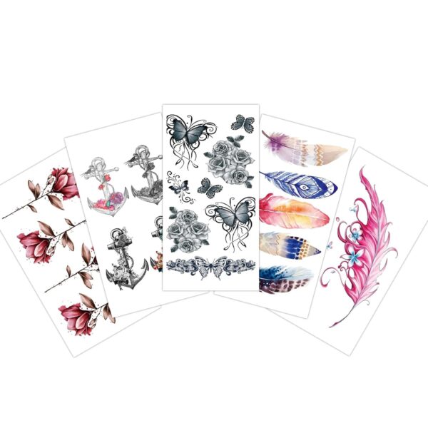 S.A.V.I 5pc Temporary Tattoo Stickers - Floral, Butterfly, Anchor & Feather Designs, 10.5x6cm, for Men & Women