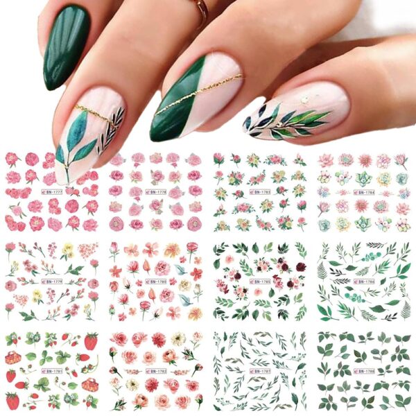 S.A.V.I Floral Nail Art Decals – 12 Sheets Water Transfer Stickers for DIY Manicure