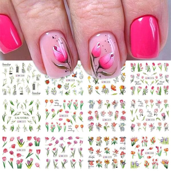 S.A.V.I Water Transfer Nail Decals - 12 Sheets, Tulip Flower DIY Manicure Art Stickers