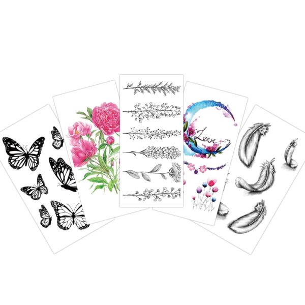 S.A.V.I 5pc Temporary Tattoo Stickers - Floral, Butterfly, Moon & Feather - 10.5x6cm for Men & Women