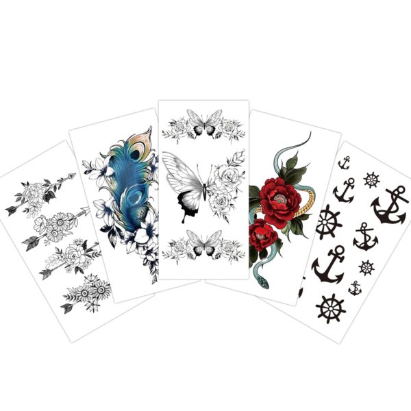 S.A.V.I 5-Pc Tattoo Stickers Combo - Butterflies, Roses, Anchors & Feather - 10.5x6cm for Men & Women