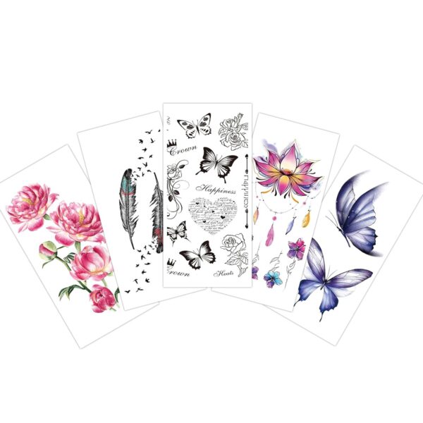 S.A.V.I 5pcs Tattoo Stickers Heart, Butterflies, Flowers, Feathers | 10.5x6cm | For Men & Women