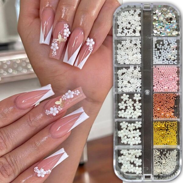 S.A.V.I 3D Five-Petal Flower Nail Art Kit - 12 Grids Box with Metal Beads, Rhinestones & Pearls