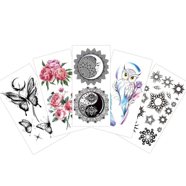 S.A.V.I 5pcs Feng Shui Tattoo Stickers Combo - Luck Owl, Flowers, Stars & Butterflies - 10.5x6cm for Men & Women