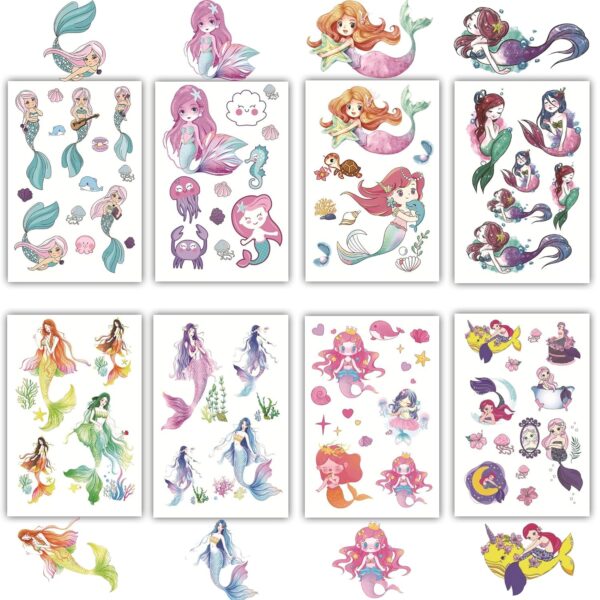 S.A.V.I 75 Kids Mermaid & Sea Animals Temporary Tattoos - 8 Sheets, Waterproof, Non-toxic, 12x7cm