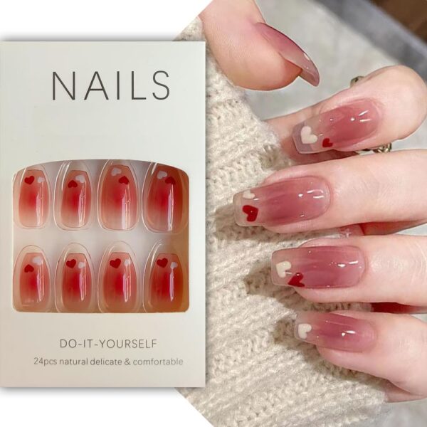 S.A.V.I 24 PCS Heart Print Long Square Press-On Nails - Reusable with Glue & Tape
