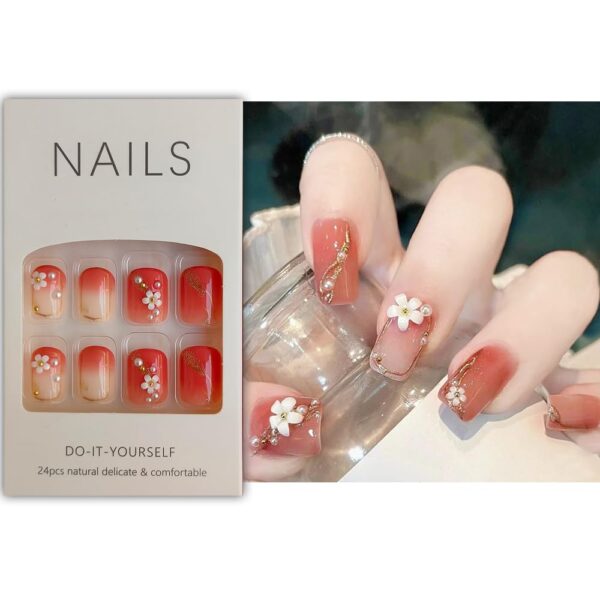 S.A.V.I 24 PCS - 3D Flower Press-On Nails Maroon Square Reusable with Glue & Tape