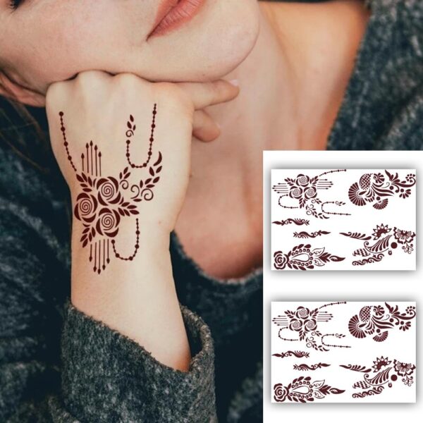 S.A.V.I 2 Sheets - Mehendi Tattoo Stickers, Waterproof, Natural Color, 21x15cm - Ideal for Women's Hands & Arms