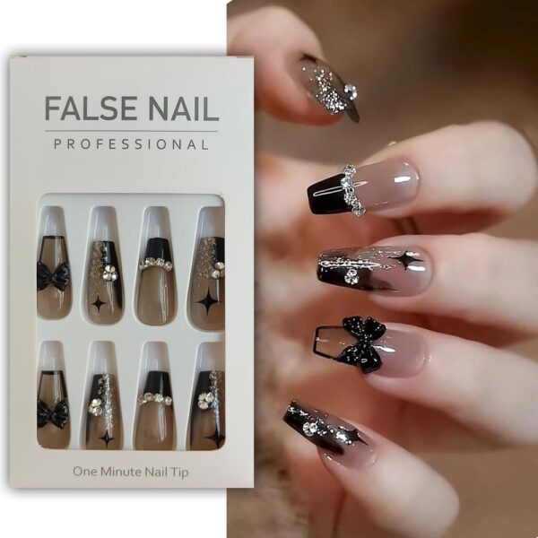 S.A.V.I 24 PCS Black Coffin Nails - 3D Bowknot Design - Reusable Press-On Set with Glue & Tape