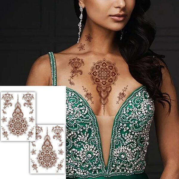 S.A.V.I 2 Sheets - Natural Mehendi Tattoo Stickers Waterproof 21x15cm - Elegant Henna Designs for Women's Hands & Arms
