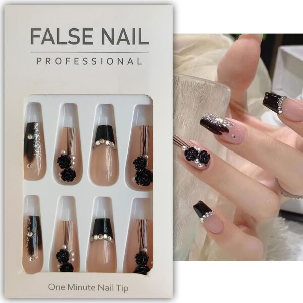 S.A.V.I 24 PCS - 3D Rose Flower Coffin Nails Nude Medium, Reusable, Press-On with Glue & Tape