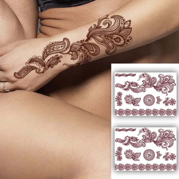 S.A.V.I Henna Mehendi Tattoo Stickers - 2 Waterproof Sheets, 21x15cm - Natural Color for Women