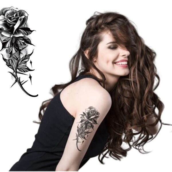 S.A.V.I Temporary Tattoo Stickers for Women, 1 Big Rose Flower with Leaves, Black Color Fake Tattoos For Girls, Size -21x10CM
