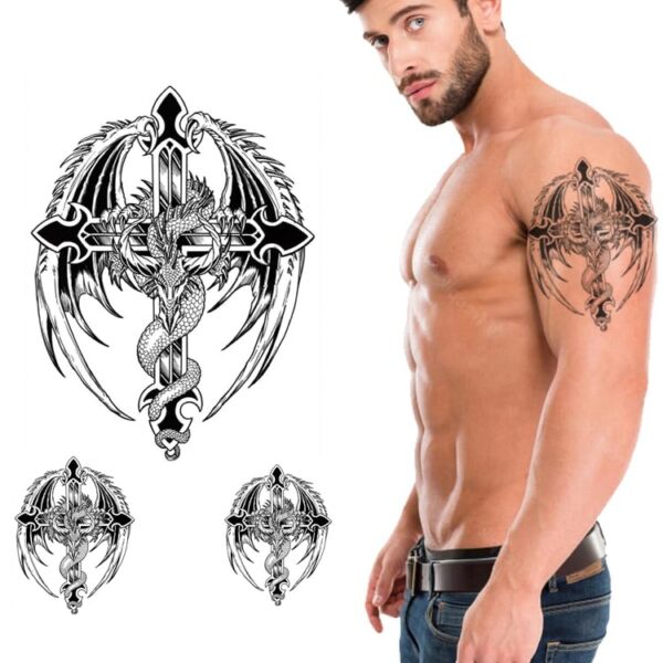 S.A.V.I 3D Temporary Tattoo Black Totem Cross Wings Dragon Design Size 19x12CM - 1PC.