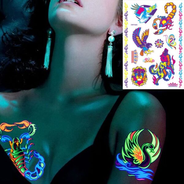 S.A.V.I Neon Temporary Tattoos, Glow UV Neon Body Face Animal Tattoo, Scorpion, Lion, Tiger, Wolf, Armband, Tattoos Flash Fake Waterproof Tattoo Stickers for Women Men Girls Body Art, Size- 21x15CM