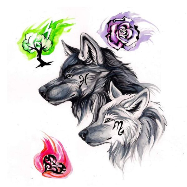 S.A.V.I 3D Temporary Tattoo Beautiful Lucky Wolves Couple Love Design Size 21x15CM - 1PC