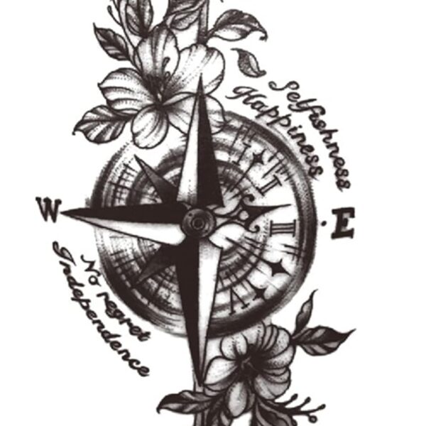 S.A.V.I Temporary Tattoo Stickers, Clock Compass Flowers Text Tattoo Pattern For Men, Women, Tattoo For Hand Arm, Size 21x11cm - 1Pc.