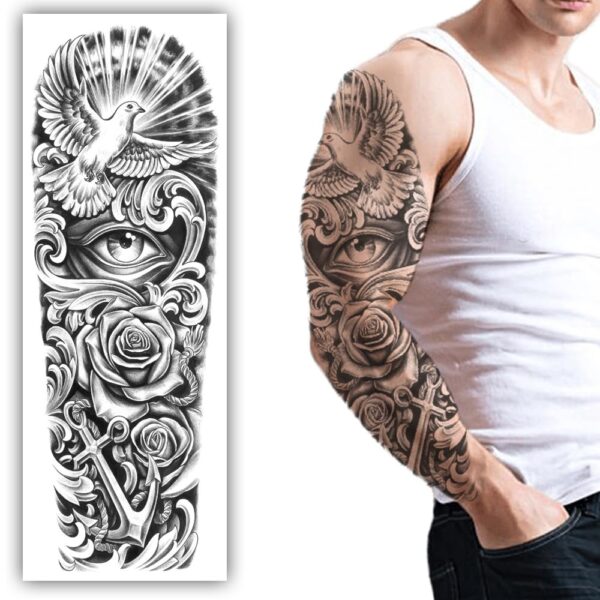 S.A.V.I Full Arm Sleeve Tattoo Sticker - Dove & Roses, Peace Symbol, Realistic, 48x17 cm
