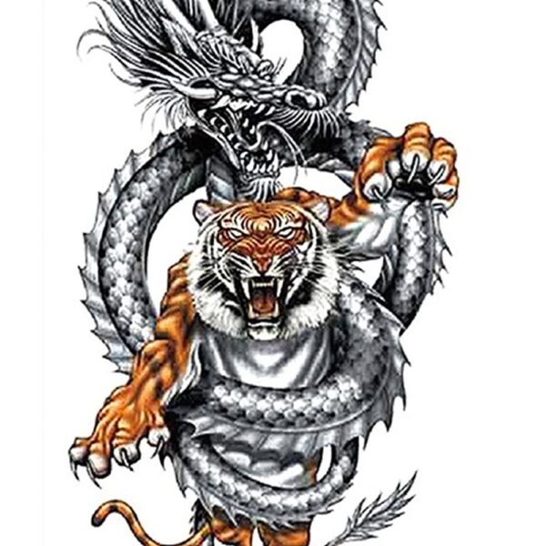 S.A.V.I Temporary Tattoo Stickers, Black Angry Dragon Roaring Orange Tiger Pattern For Men, Women, Tattoo For Hand Arm, Size 21x11cm - 1Pc.