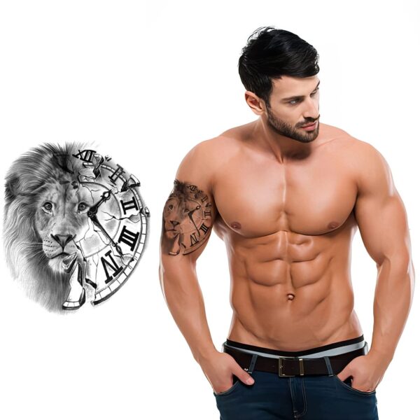 S.A.V.I Temporary Tattoos Waterproof for Men and Women - Lion Face with Half Clock Design