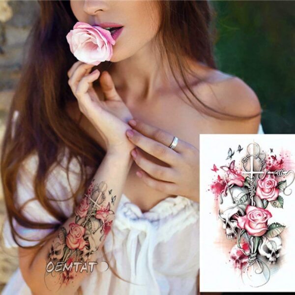 S.A.V.I Temporary Tattoo For Girls Men Women 3D Skull Cross Pink Rose Flower Sticker Size 21x15CM - 1PC. (155)