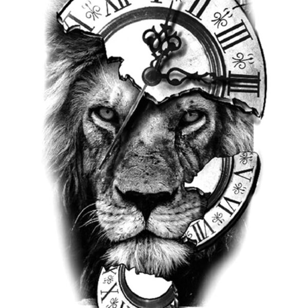 S.A.V.I Temporary Tattoo Stickers, Big Lion Face Broken Clock Tattoo Pattern For Men, Women, Tattoo For Hand Arm, Size 21x11cm - 1Pc.