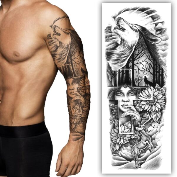 S.A.V.I Full Arm Temporary Tattoo Sleeve - Howling Wolf & Forest, Unisex, 48x17 cm