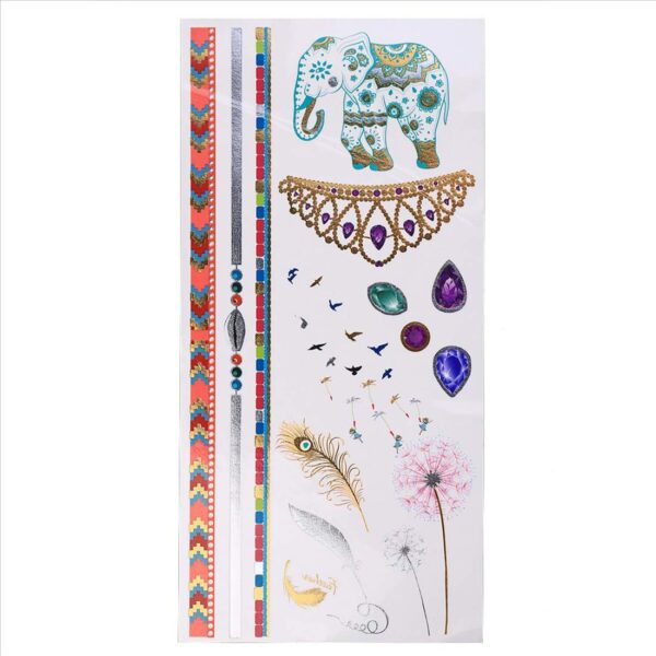S.A.V.I 3D Temporary Tattoo Golden And Silver Metallic Sticker Elephant Crown Birds Flowers Wrist Arm Design Size 21x10CM - 1PC.