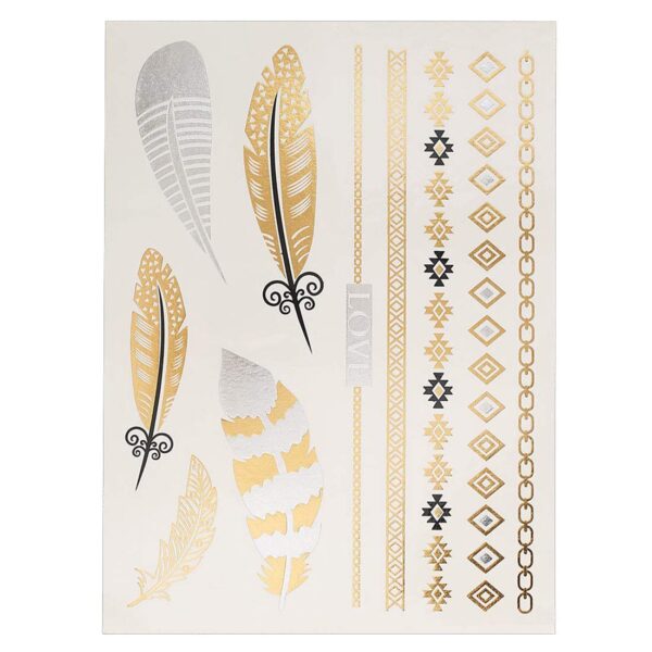S.A.V.I 3D Temporary Tattoo Golden and Silver Metallic Sticker Feathers Design Size 21x15cm - 1pc. (66-1), Gold