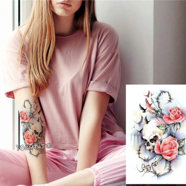 S.A.V.I Temporary Tattoo For Girls Men Women 3D Skull Cross Pink Rose Flower Sticker Size 21x15cm - 1pc. (159-1)