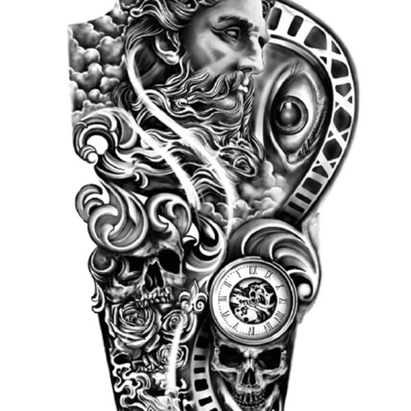 S.A.V.I Temporary Tattoo Stickers, Devil Man Face Ancient Clock Evil Eye Tattoo Pattern For Men, Women, Tattoo For Hand Arm, Size 21x11cm - 1Pc.